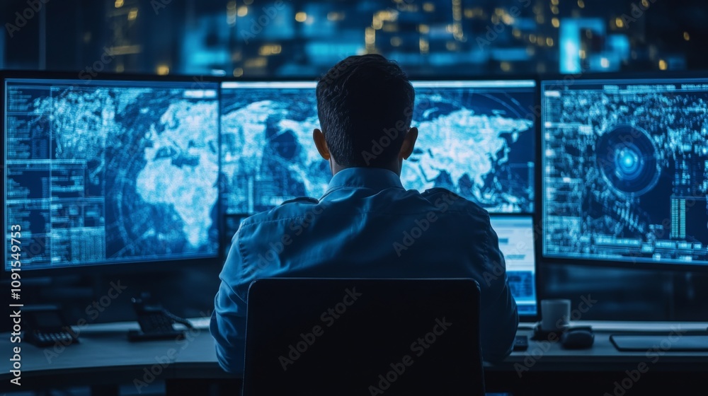 Poster A person sits before multiple computer screens displaying complex data visualizations of a world map and other digital information.