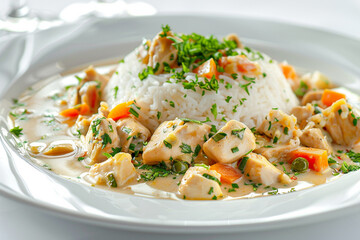 Closeup of delicious chicken fricassee, traditional with carrots, peas and boiled rice, German dish