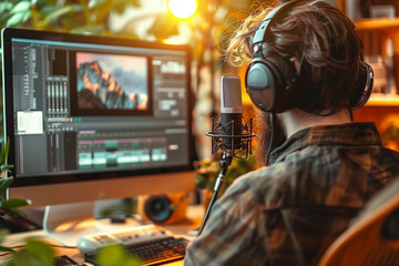 Obraz premium A male podcaster in a cozy sunlit room working on an audio editing software with microphone and headphones