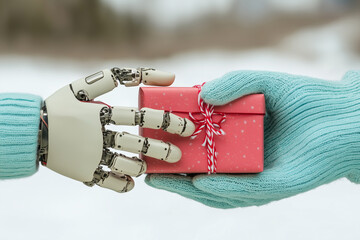 A robotic hand giving a present box to a human with a winter landscape