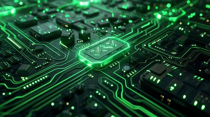 Obraz premium Close-up of a circuit board with glowing green lines, highlighting the intricate details of modern technology.