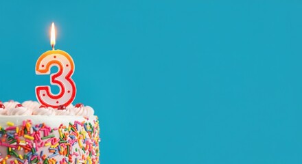 Birthday or anniversary cake with number 3 candle on blue background, perfect for third birthday or anniversary celebrations and special events