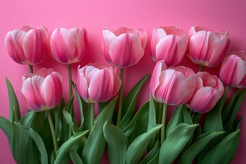 Fototapeta premium A row of pink flowers with green stems