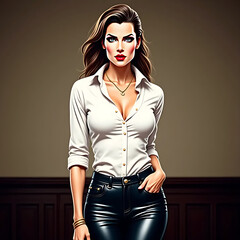 artwork of stunning woman wearing in white shirt and black leather pants, vintage art, retro style, generative AI