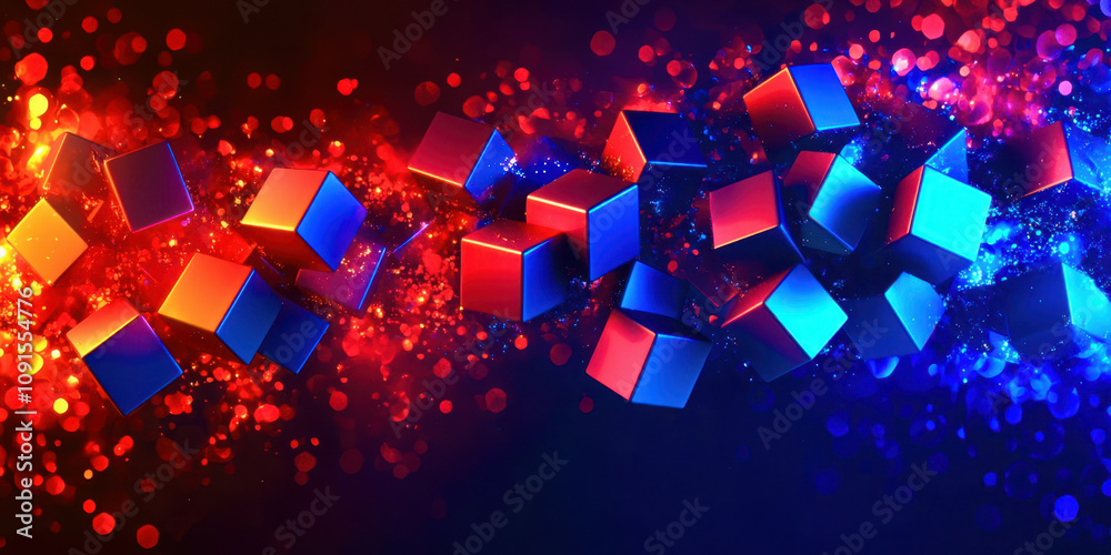 Poster A colorful image of blue and red cubes with a red and blue background
