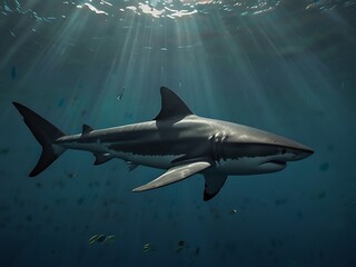 Obraz premium Majestic Great White Shark Underwater, Sunbeams illuminate a powerful great white shark gracefully gliding through the ocean depths, surrounded by smaller fish. A breathtaking underwater scene.