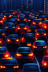 Obraz premium A busy urban street filled with cars, showcasing red brake lights against a backdrop of tall buildings at night.