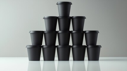 A blank set of black takeaway cardboard cups, closed with caps, arranged in a pyramid shape on a mirrored surface.