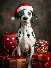  Dalmatian with a Christmas hat surrounded by gift boxes with red as a main color