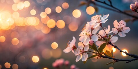 Fototapeta premium Sakura. Soft elegant background with warm colorful powerful bokeh effect, close up.