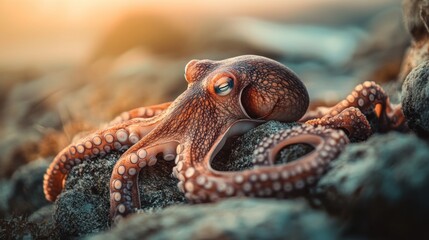 Fototapeta premium Close-up of a small octopus resting on rocks at sunset.
