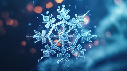 A close-up of a snowflake under a microscope, revealing an entire miniature icy city within its crystalline structure, complete with tiny, glowing lights