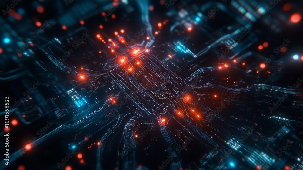 Aufkleber A close-up view reveals a complex circuit board filled with intricate pathways illuminated by bright orange and blue lights.