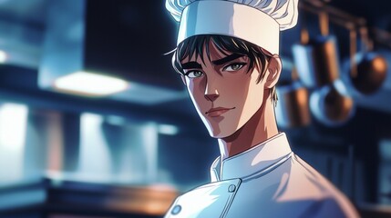 Digital painting portrays a confident young male chef smiling subtly in a professional kitchen setting, illuminated by soft, atmospheric lighting, showcasing the culinary passion and expertise