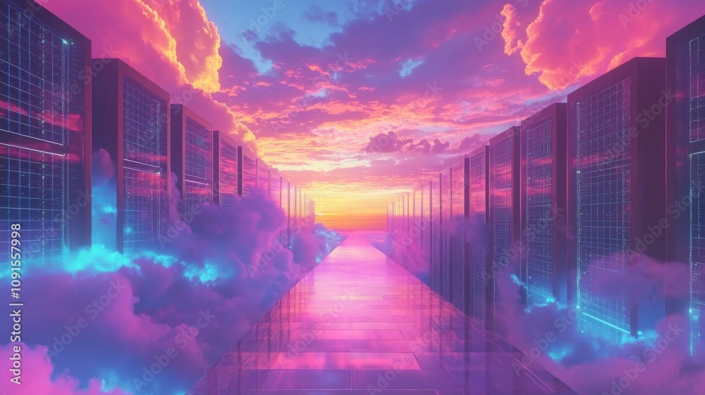 Poster A captivating view reveals a pathway surrounded by towering structures, bathed in brilliant colors as clouds drift above.