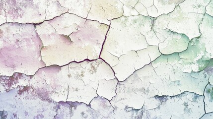 Obraz premium Close-up of cracked pastel paint on a weathered wall, forming an abstract pattern with various shades of pink, green, and white, showcasing the texture of aged and distressed surfaces