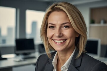 Cheerful accountant woman in a striped shirt and glasses in a modern office. Perfect for financial and office-themed images.