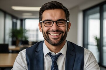 Fototapeta premium Smiling young and handsome businessman in an office setting, highlighting themes of accountancy, professionalism, and workplace culture.