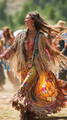 Fototapeta premium Hippie Culture + Retro Design. A vibrant festival scene featuring a woman in a flowing, colorful dress with fringe, dancing joyfully in a lively outdoor setting amidst a crowd.