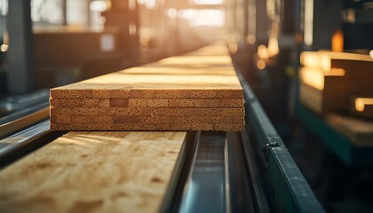 wooden panels on conveyor belt in manufacturing facility, showcasing precision and efficiency in wood processing.