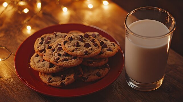 A close up of chocolate chip cookies stacked on a red plate, next to a glass of milk on a wooden table with glowing string lights