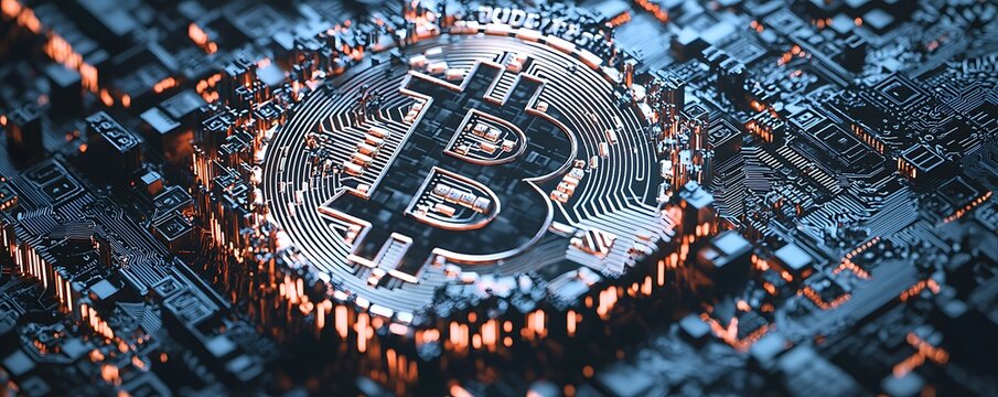 view Bitcoin on digital background representing blockchain technology. Ideal for cryptocurrency and financial concepts.