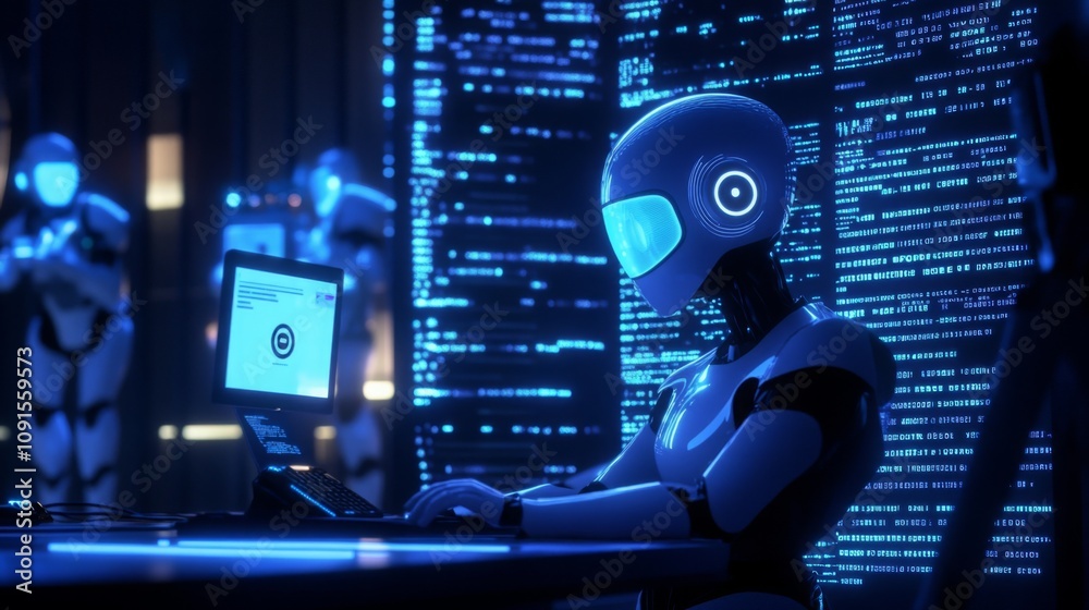 Poster In a high-tech setting filled with glowing screens, a robot is focused on analyzing data on a computer.