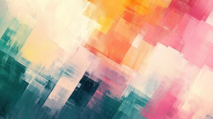 Fototapeta premium Abstract colorful geometric painting with overlapping squares in pink, orange, teal, and yellow tones