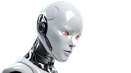 AI robot on white background. Telephoto lens photography Realistic daylight