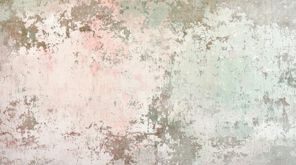 Fototapeta premium Distressed wall surface with peeling paint revealing layers of pink, green, and white, creating an abstract textured pattern, ideal for backgrounds and design projects