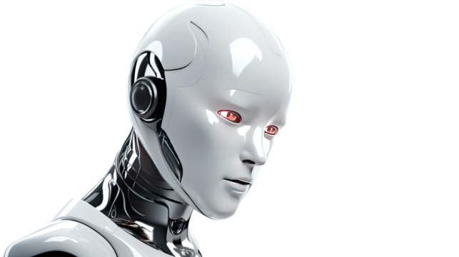 AI robot on white background. Telephoto lens photography Realistic daylight