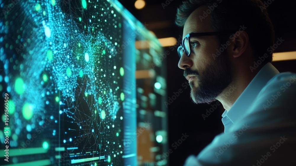 Poster A dedicated professional examines intricate digital data visualizations on transparent screens in a contemporary office.