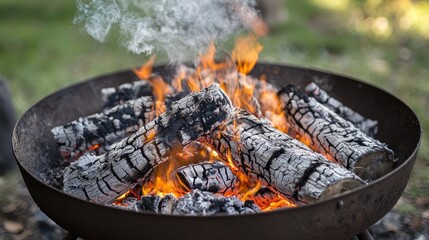 A close-up view of a crackling bonfire, with wisps of smoke rising.
