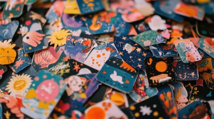 Fototapeta premium Assorted colorful stickers with various illustrations of animals, celestial objects, and flowers