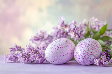 Obraz premium Easter background in lilac tones, lilac flowers