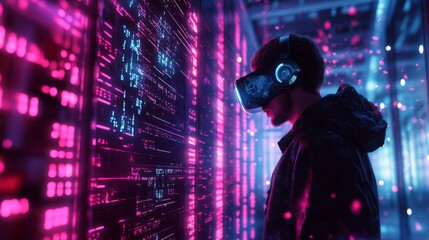 A person wearing a virtual reality headset stands immersed in a colorful digital environment.