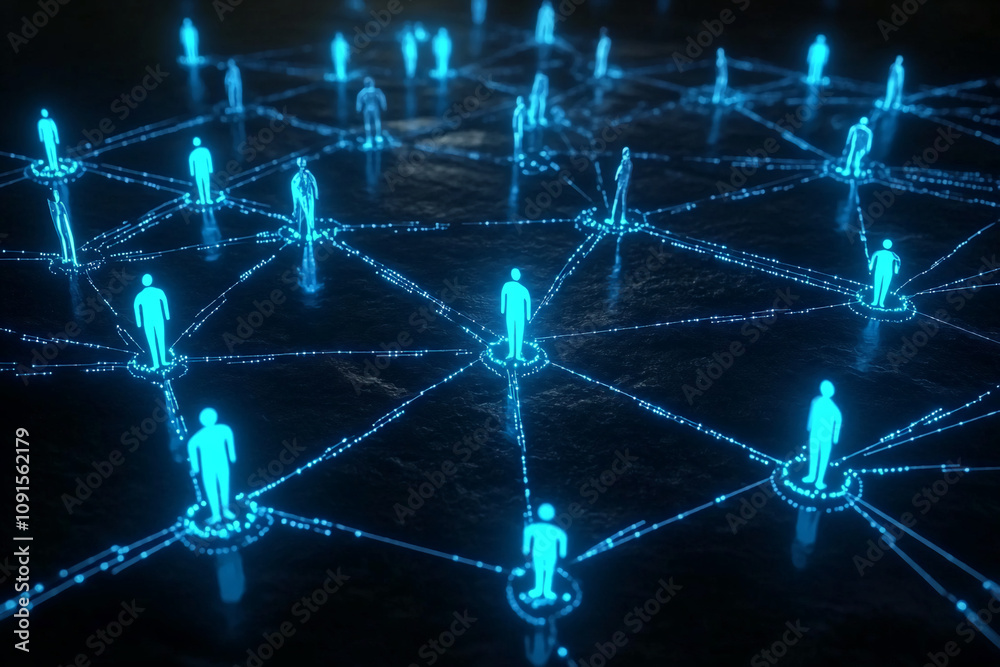 Poster digital representation illustrates a complex network connecting numerous individuals