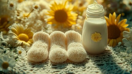 Baby socks and milk as a symbol of baby care.