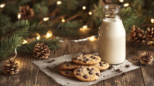 Rustic wooden table with chocolate chip cookies, a vintage milk bottle, and twinkling Christmas string lights