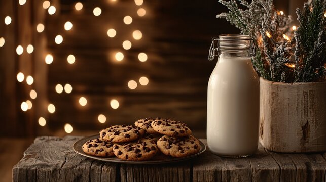 Rustic wooden table with chocolate chip cookies, a vintage milk bottle, and twinkling Christmas string lights