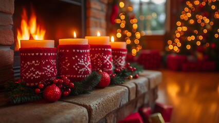A Christmas fireplace with a decorated mantel featuring stockings, holly, and glowing candles in a warm, cozy living room.
