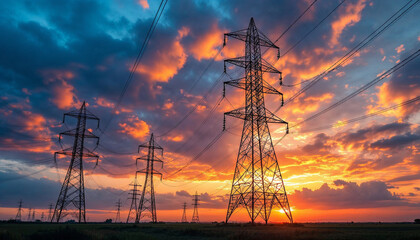 Electric power transmission towers silhouetted against a dramatic sunset sky.


