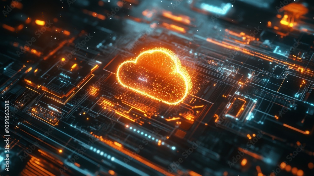Fototapete A vibrant representation of cloud computing showcases a glowing cloud icon amidst intricate circuitry.