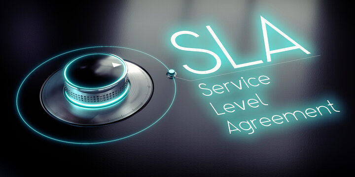 SLA, Service Level Agreement - rotary knob and glowing word - 3D illustration