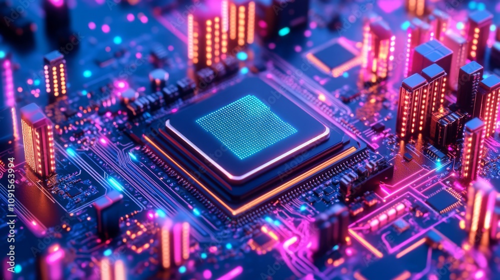 Fototapete A detailed view of a computer circuit board showcases a central processor surrounded by glowing elements.