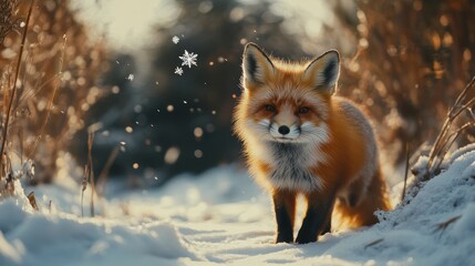 Fototapeta premium Red fox in snow field. Winter theme background template for greeting card design.