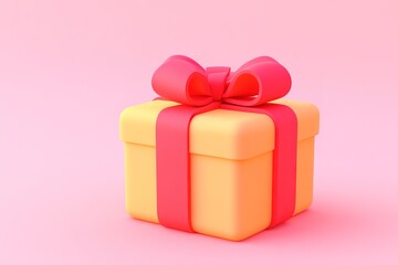 Obraz premium Bright yellow gift with red bow on pink background