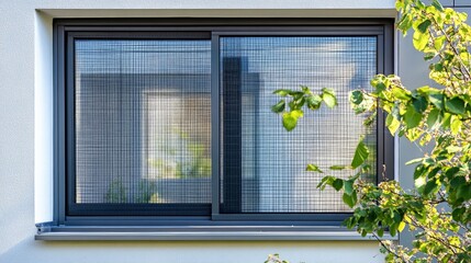 Close-up of a mosquito screen on a window, providing protection against bugs.

