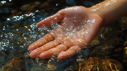 Fototapeta premium Close-up Hand in Crystal Clear Water showcasing the clarity of the water 