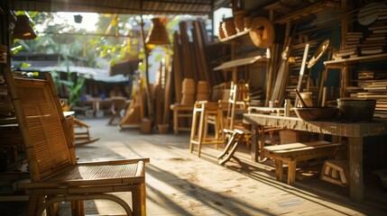 Bamboo furniture is eco-friendly. Cozy workshop with wooden furnishings